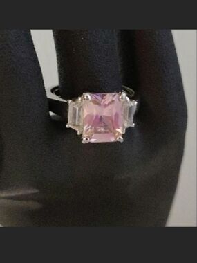 Source Unknown Silver Ring with Square Pink Center and Clear Side Stones
